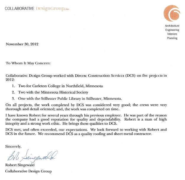 Letter from satisfied Diverse Construction roofing customer